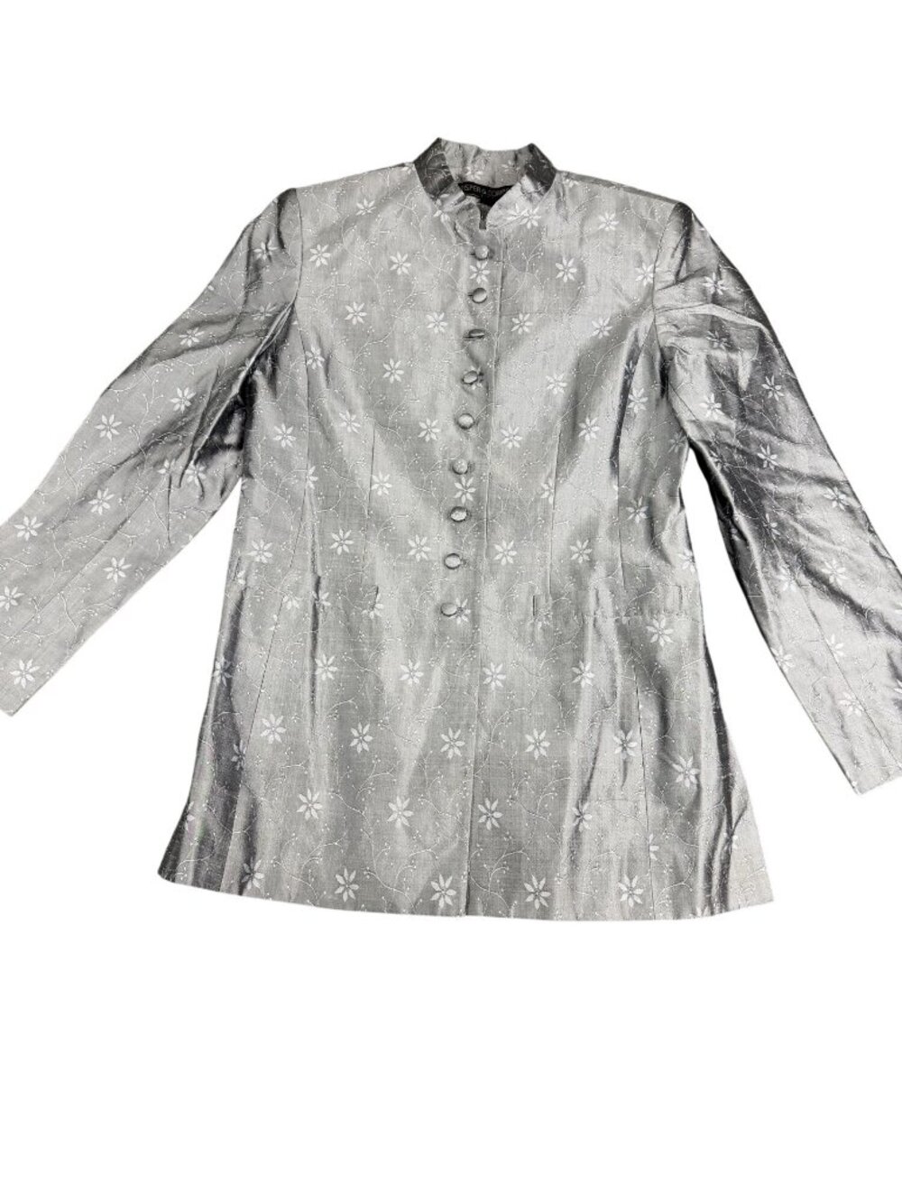 Kasper & Company Womens Silver Floral Brocade Mandarin Collar Jacket Size 8